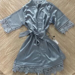 Elegant Dusty Blue Satin & Lace Flower Girl Robe